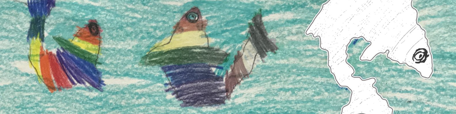 A child's colored-pencil drawing of three fish on teal water: one in full color, one fading, one white outline